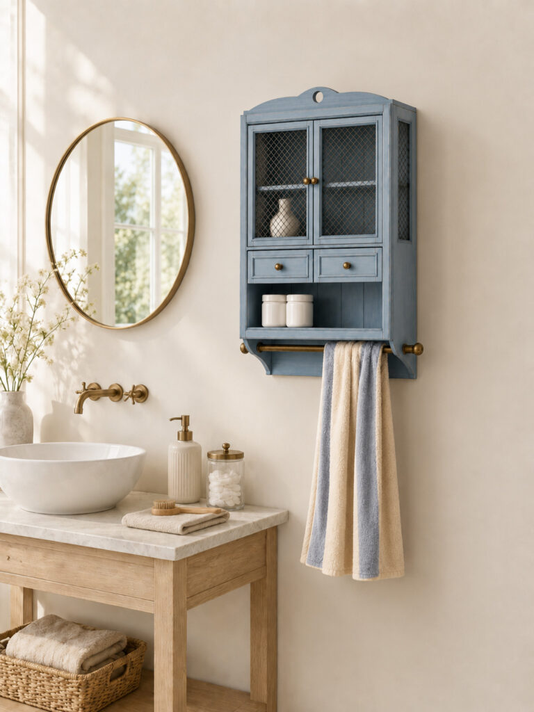 Bright modern country bathroom with a small dusty blue vintage wall cabinet above a wooden washstand. The cabinet features wire mesh doors, aged brass hardware, an open shelf, and a brass towel rail with a soft towel. A round brass mirror, white ceramic basin, and calm natural light create a cozy, elegant bathroom scene.