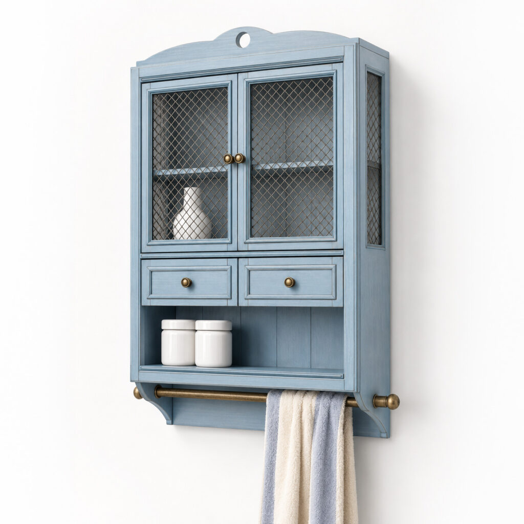 Small vintage bathroom wall cabinet in dusty blue painted wood, shown on a clean white background. The cabinet has wire mesh doors, two small drawers, an open shelf with white ceramic jars, aged brass knobs, and a brass towel rail with a soft hanging towel.