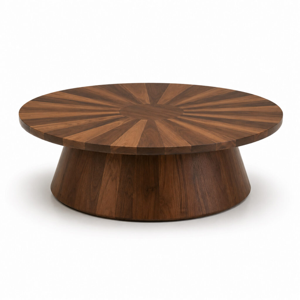 Round wooden coffee table with radial veneer tabletop and broad sculptural base on a white studio background.