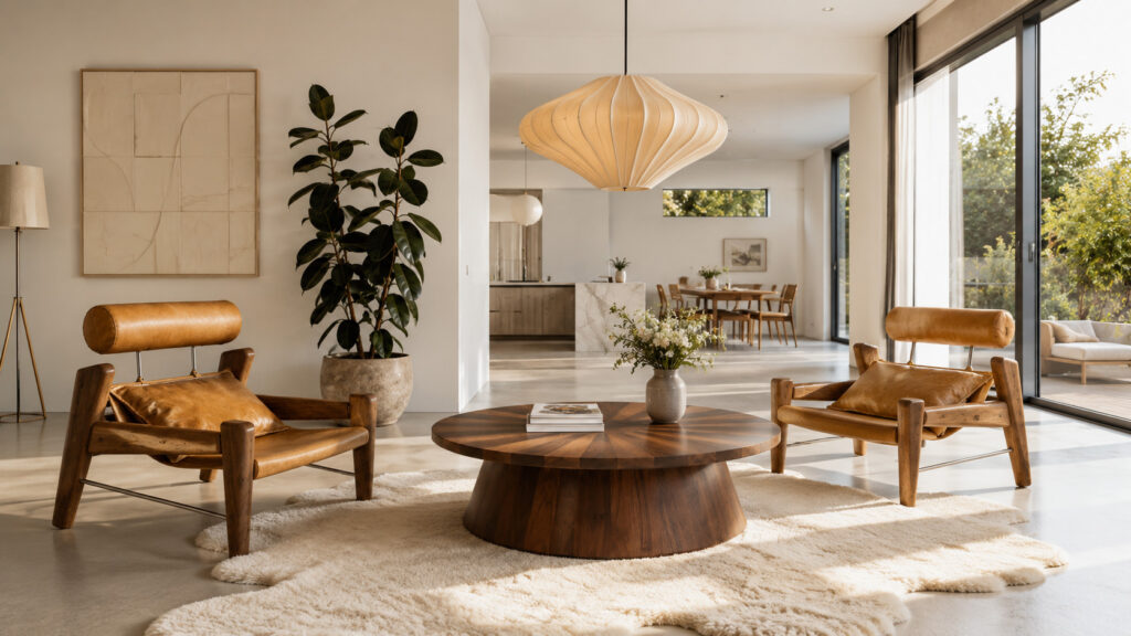 Round walnut coffee table with radial veneer pattern in a spacious modern living room with two leather lounge chairs, large windows and warm natural light.