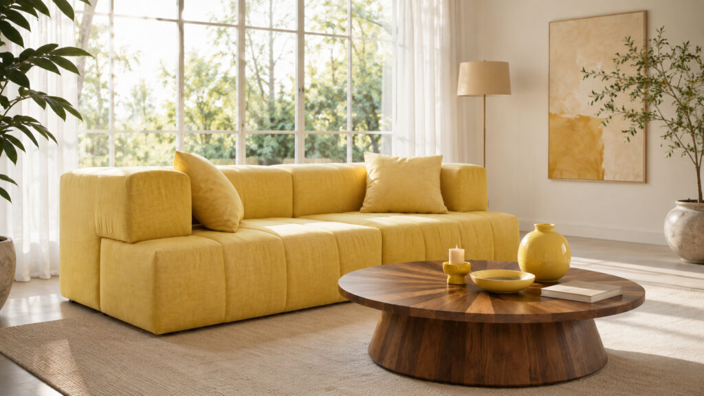 ound walnut coffee table with radial veneer pattern in a bright modern living room with a banana-yellow sofa, large window and warm natural light.