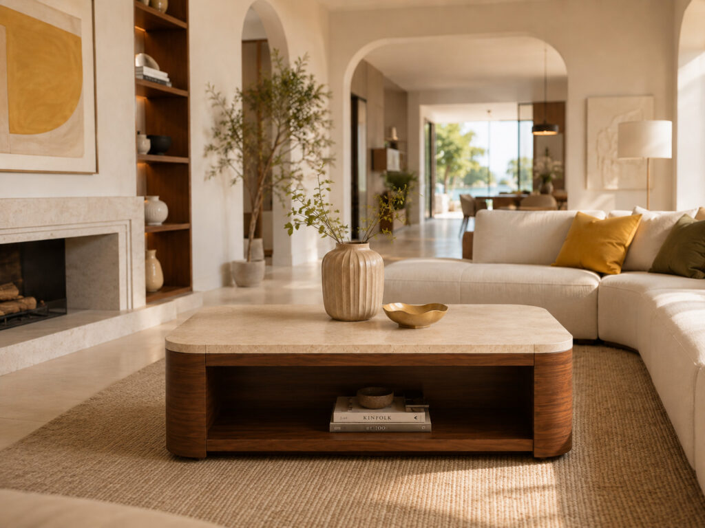 Low walnut and travertine coffee table with rounded corners in a bright elegant living room with soft beige tones and yellow accents.