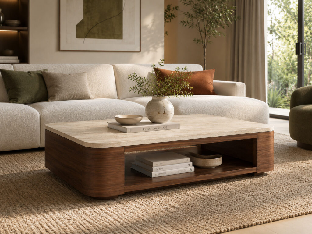 Walnut and travertine coffee table with an open shelf, styled in front of a cream sofa in a warm modern living room.