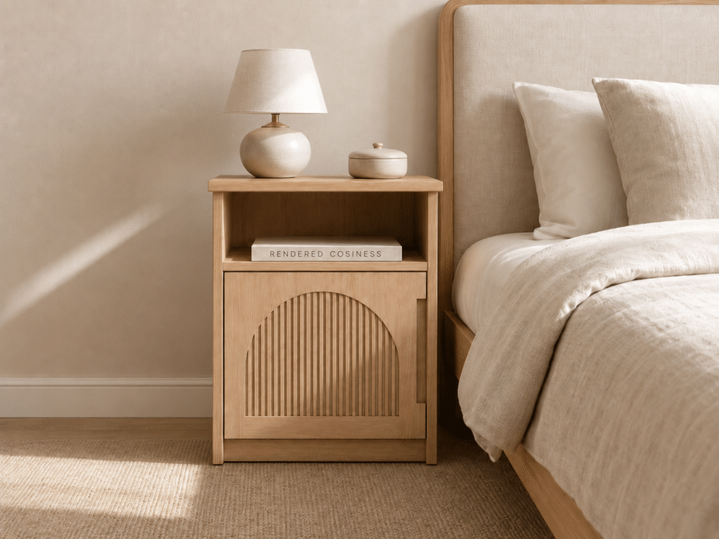 RC OSCAR II light oak bedside cabinet in a bright Scandinavian bedroom interior scene