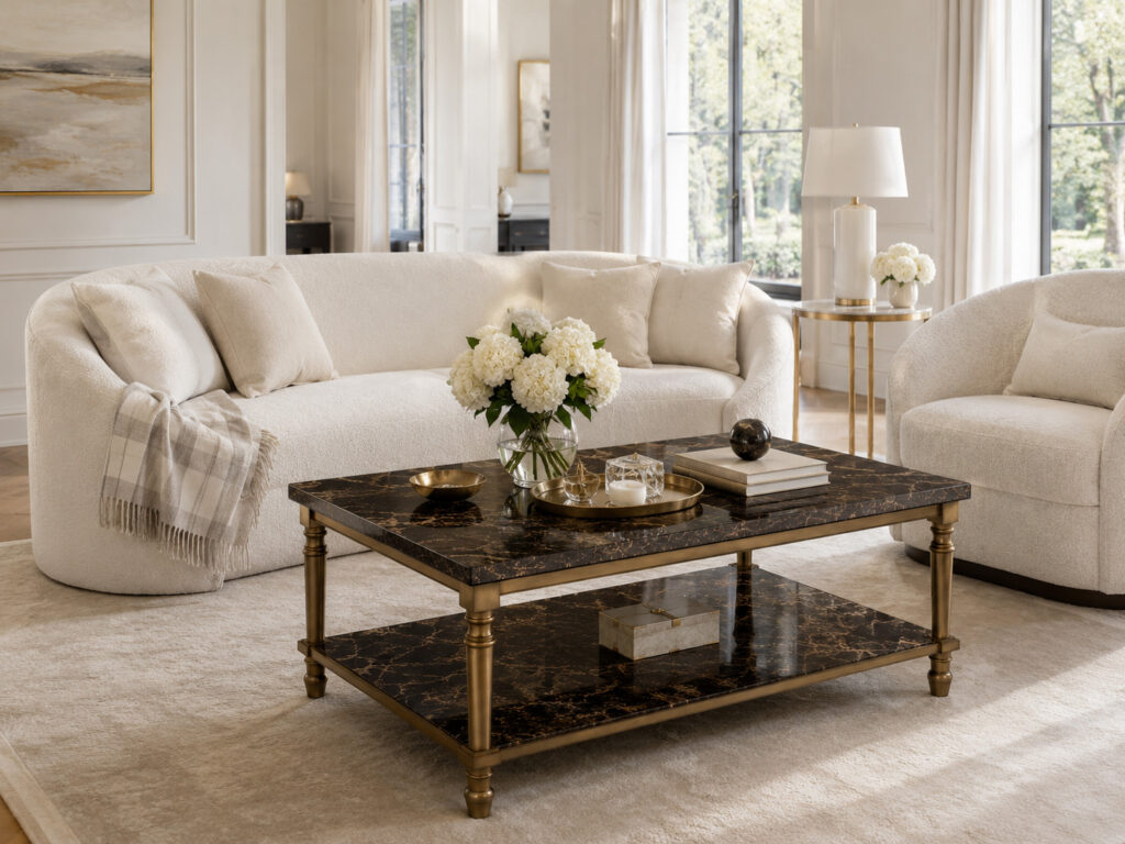 RC QUENTIN dark marble coffee table with aged brass frame in an elegant bright living room interior scene