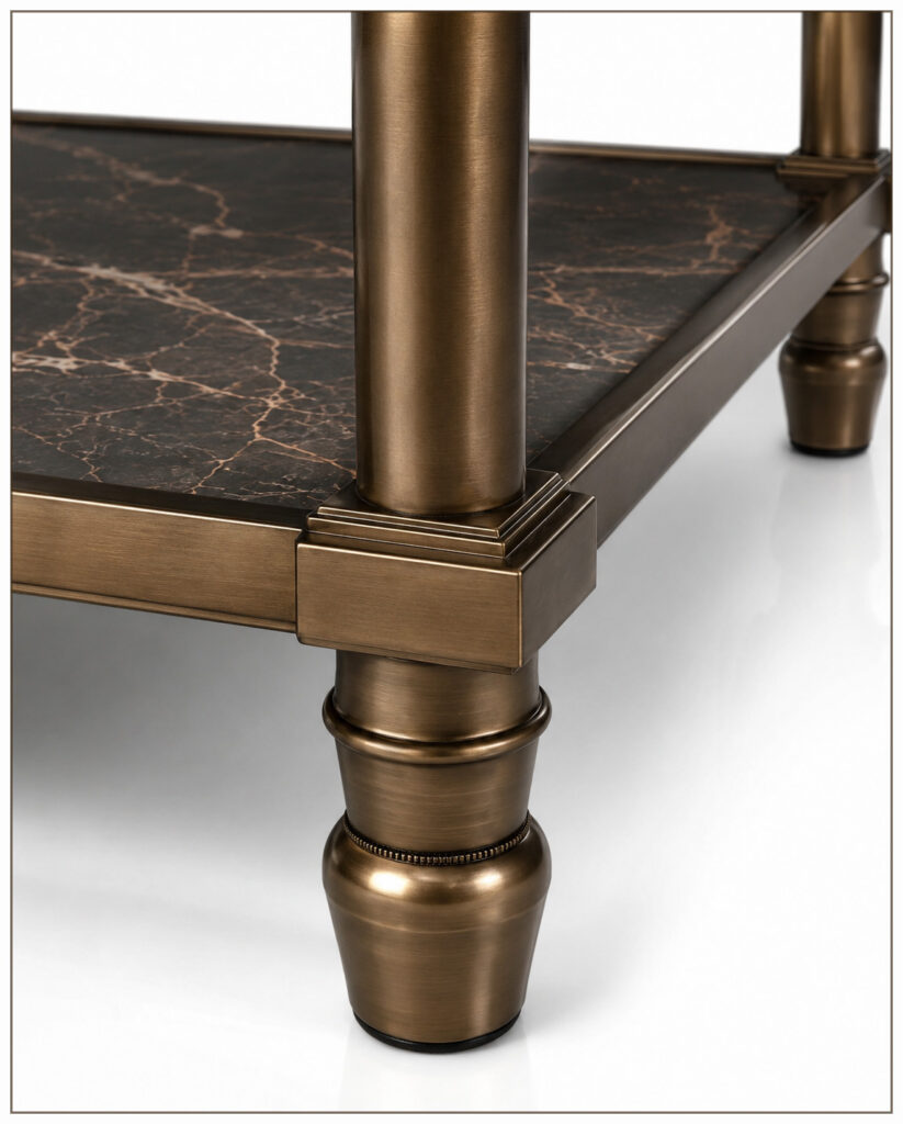 RC QUENTIN detail view of brushed aged brass frame, turned table leg and glossy dark marble surface