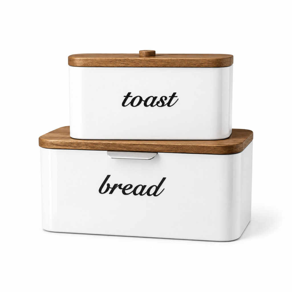 Stacked bread and toast storage boxes with glossy white bodies, black script lettering and warm wooden lids on a white background.