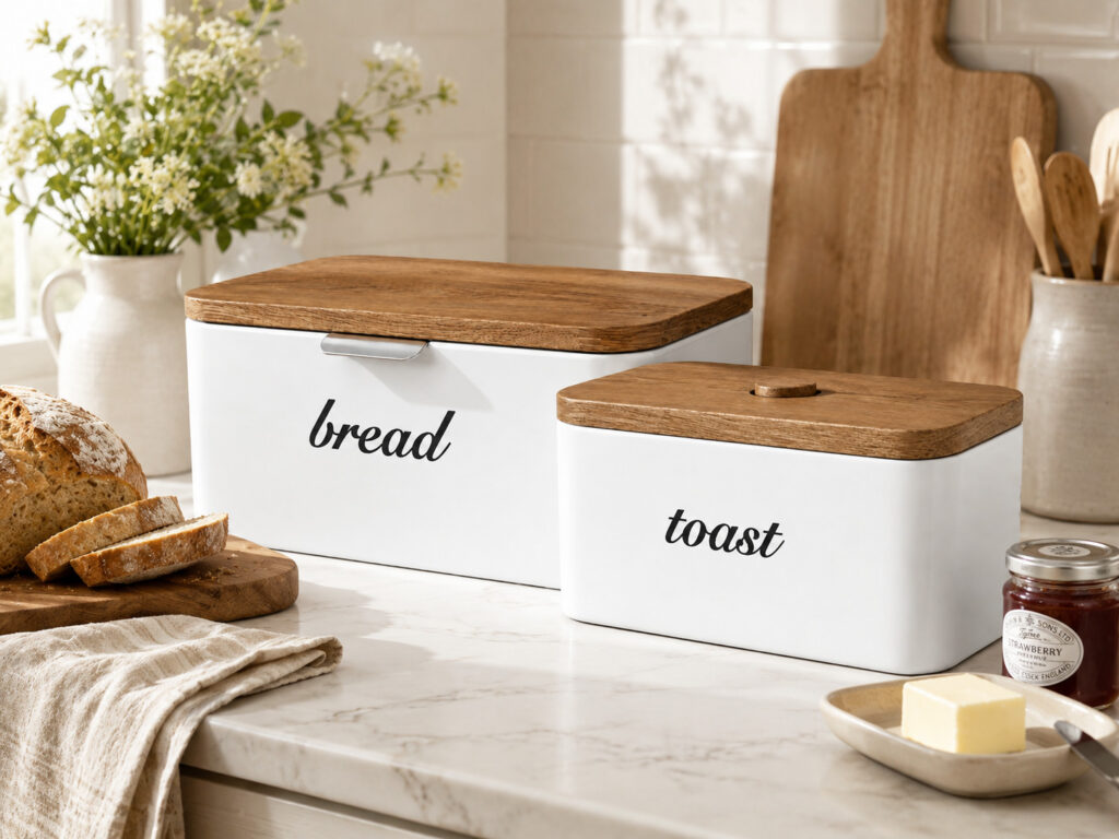 Bread and toast storage boxes with glossy white bodies and wooden lids, styled on a bright marble kitchen countertop with bread, butter, jam and fresh flowers.