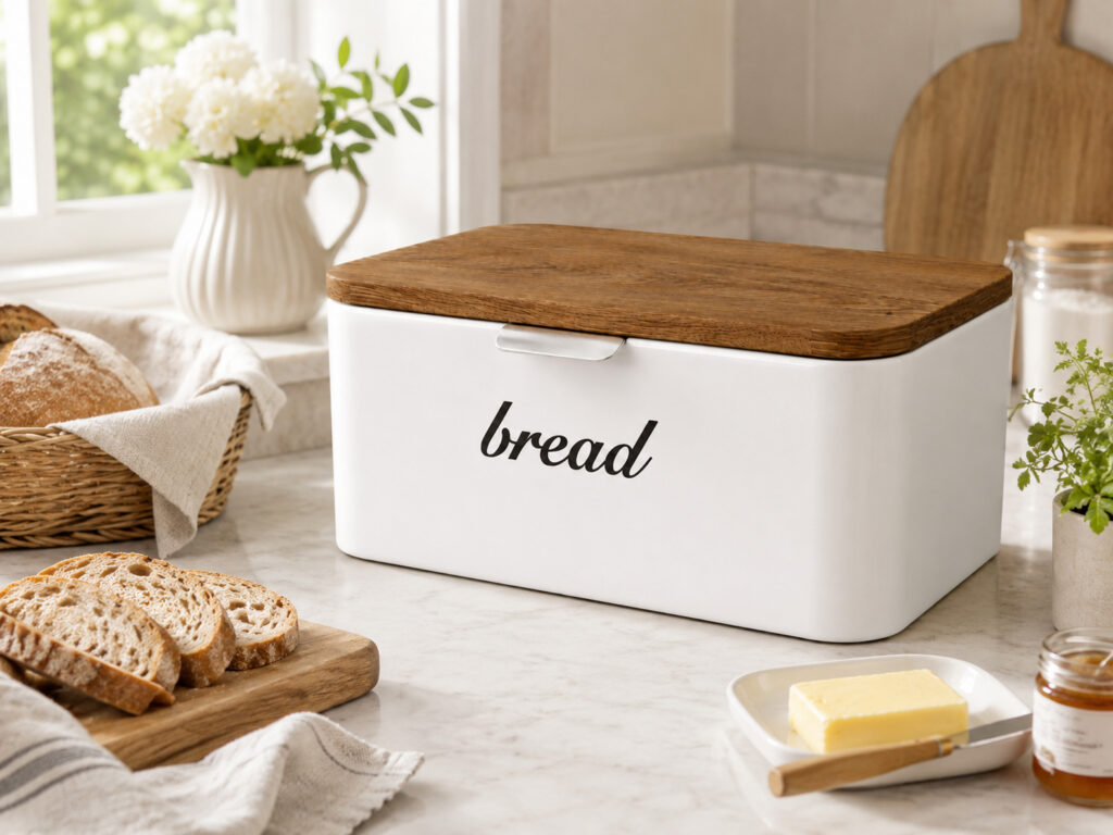 Glossy white bread box with wooden lid on a bright kitchen countertop, styled with sliced bread, butter, flowers and cozy breakfast details.