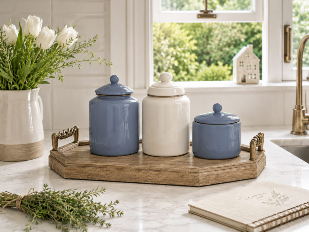 Glossy blue and ivory porcelain canisters on a vintage mango wood tray, styled on a bright marble kitchen countertop with white tulips, herbs and a recipe notebook.