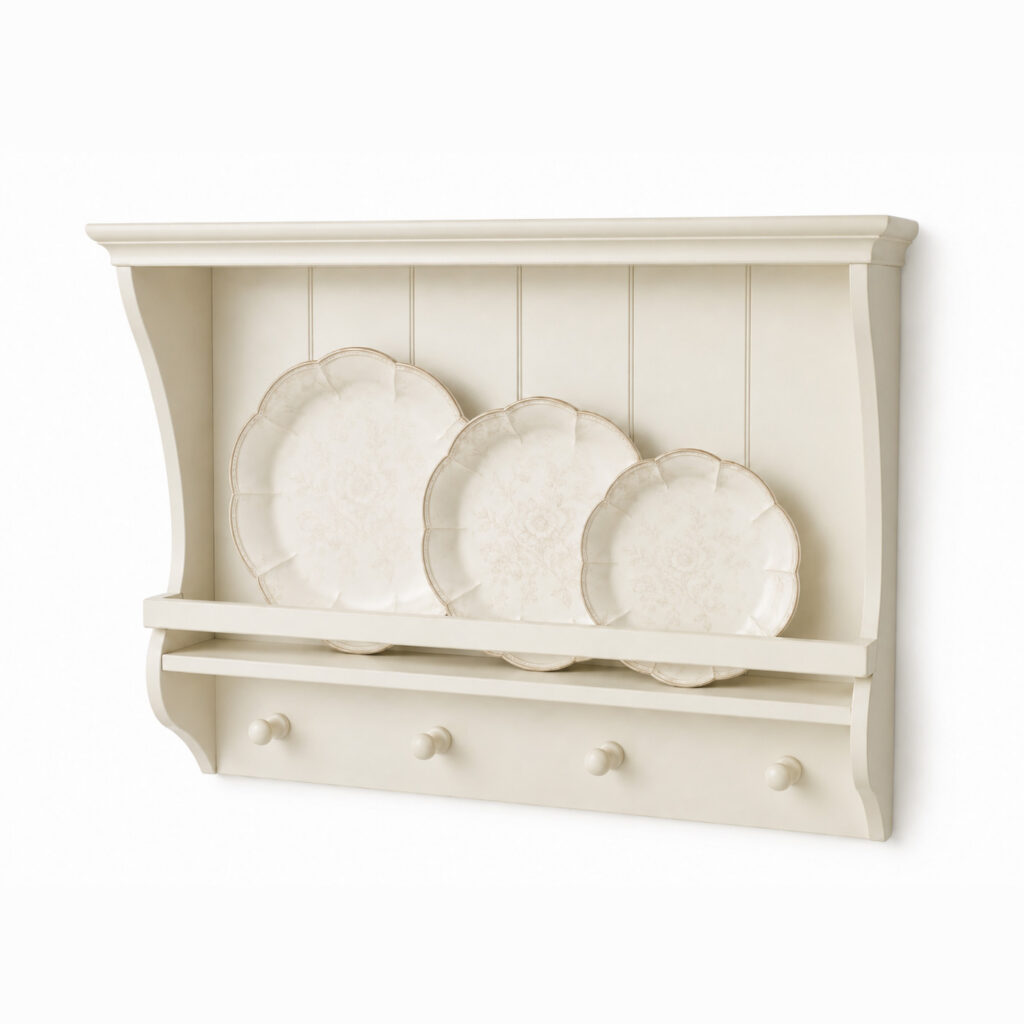 Ivory wall plate rack with curved sides, three cream decorative plates, vertical panel back and four small round hooks.