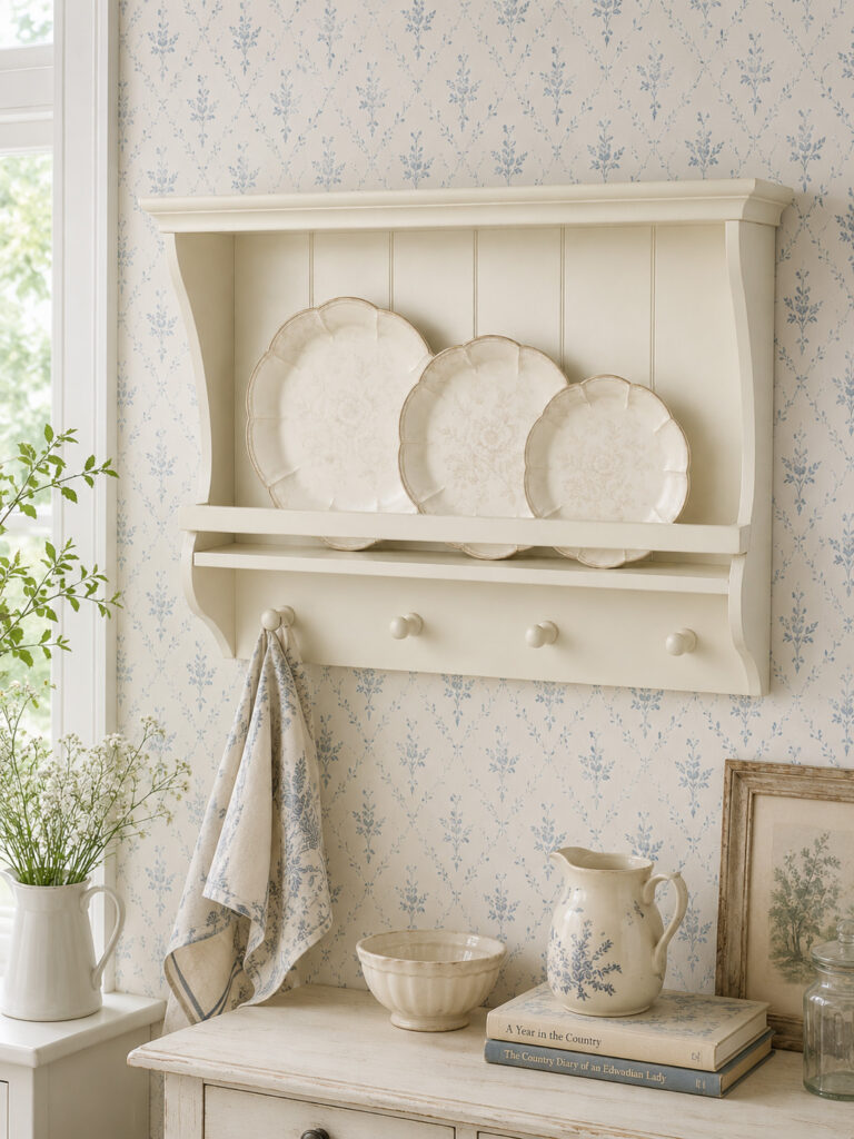 Ivory wall plate rack with three cream decorative plates on a light dove-blue and ivory patterned wallpaper, styled with a tea towel, ceramic vessels, books and delicate flowers in a bright cottage-style interior.
