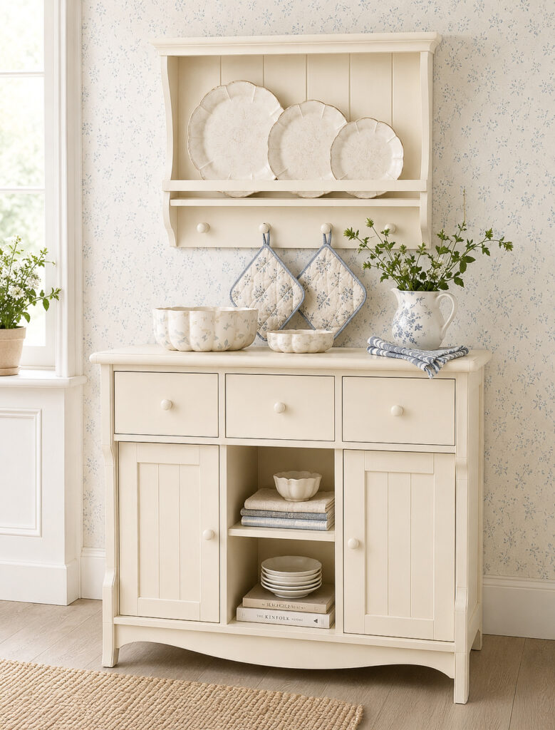 Bright country kitchen scene with an ivory sideboard and matching wall plate rack, styled with patterned wallpaper, blue-and-cream potholders, porcelain bowls, plates, folded linens, and soft Scandinavian blue accents.