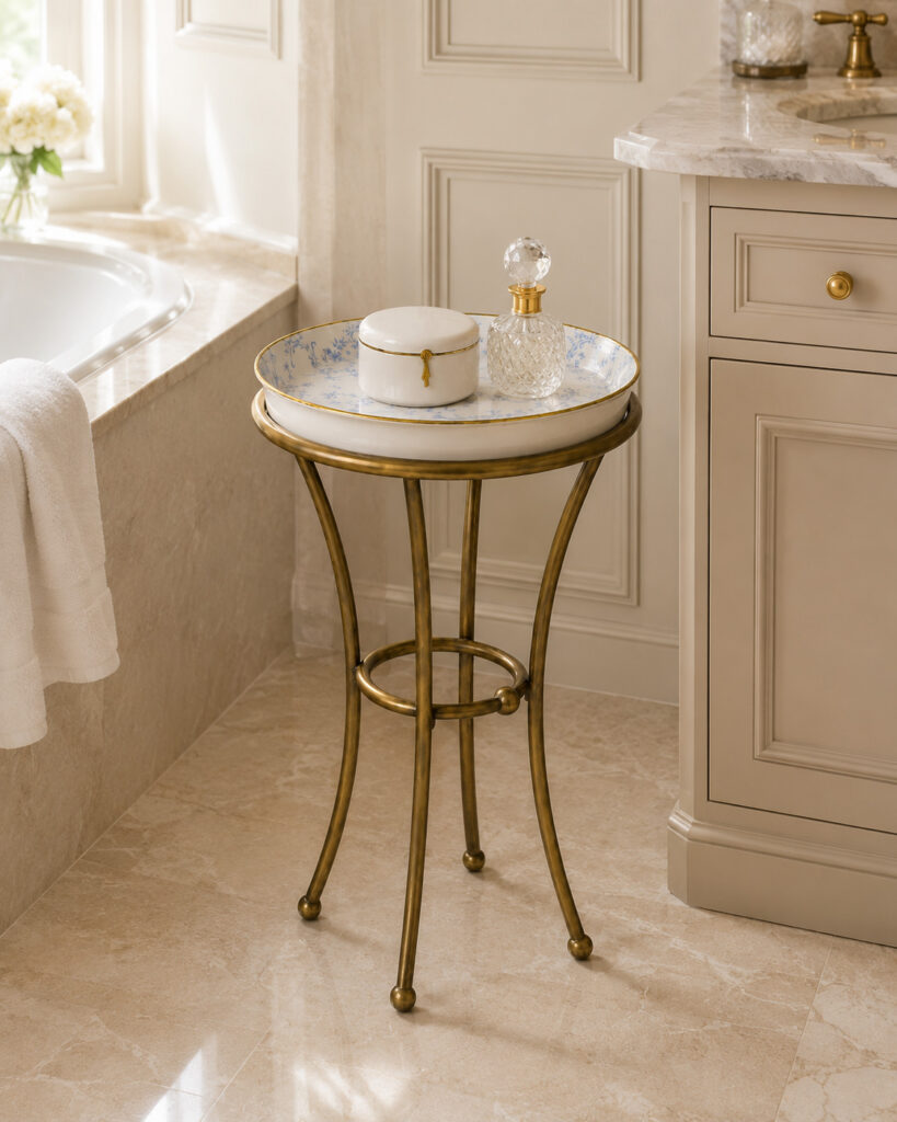 Porcelain and antique brass side table in a refined bathroom, styled with a matching porcelain box and a cut-glass perfume bottle.