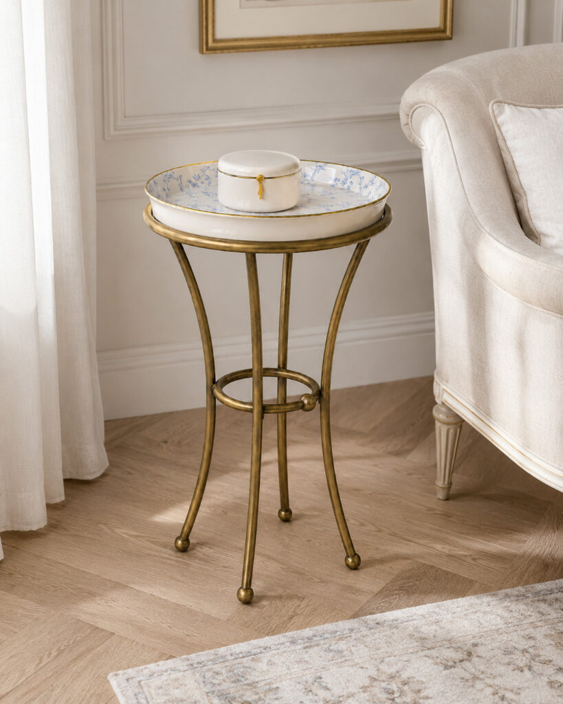 Elegant porcelain and antique brass side table beside a light upholstered armchair in a bright, classic interior.