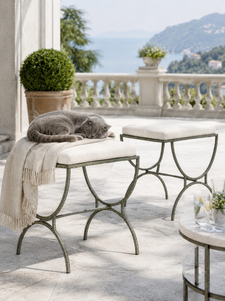 RC HANNO iron stool with upholstered cushion in a cosy rustic interior scene