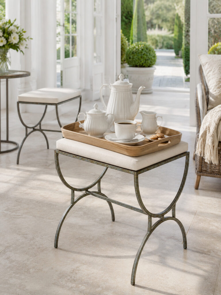 RC HANNO compact aged metal stool with fabric cushion in an elegant interior rendering scene