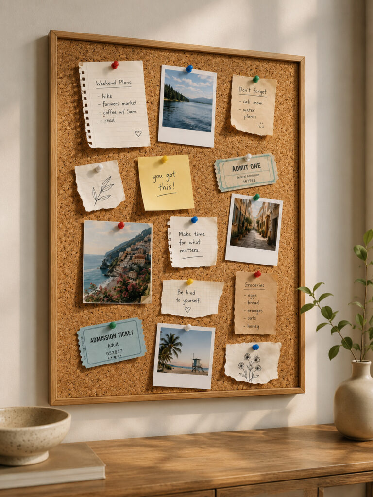RC JOSEPHINE framed cork memo board with notes in a cosy interior workspace scene