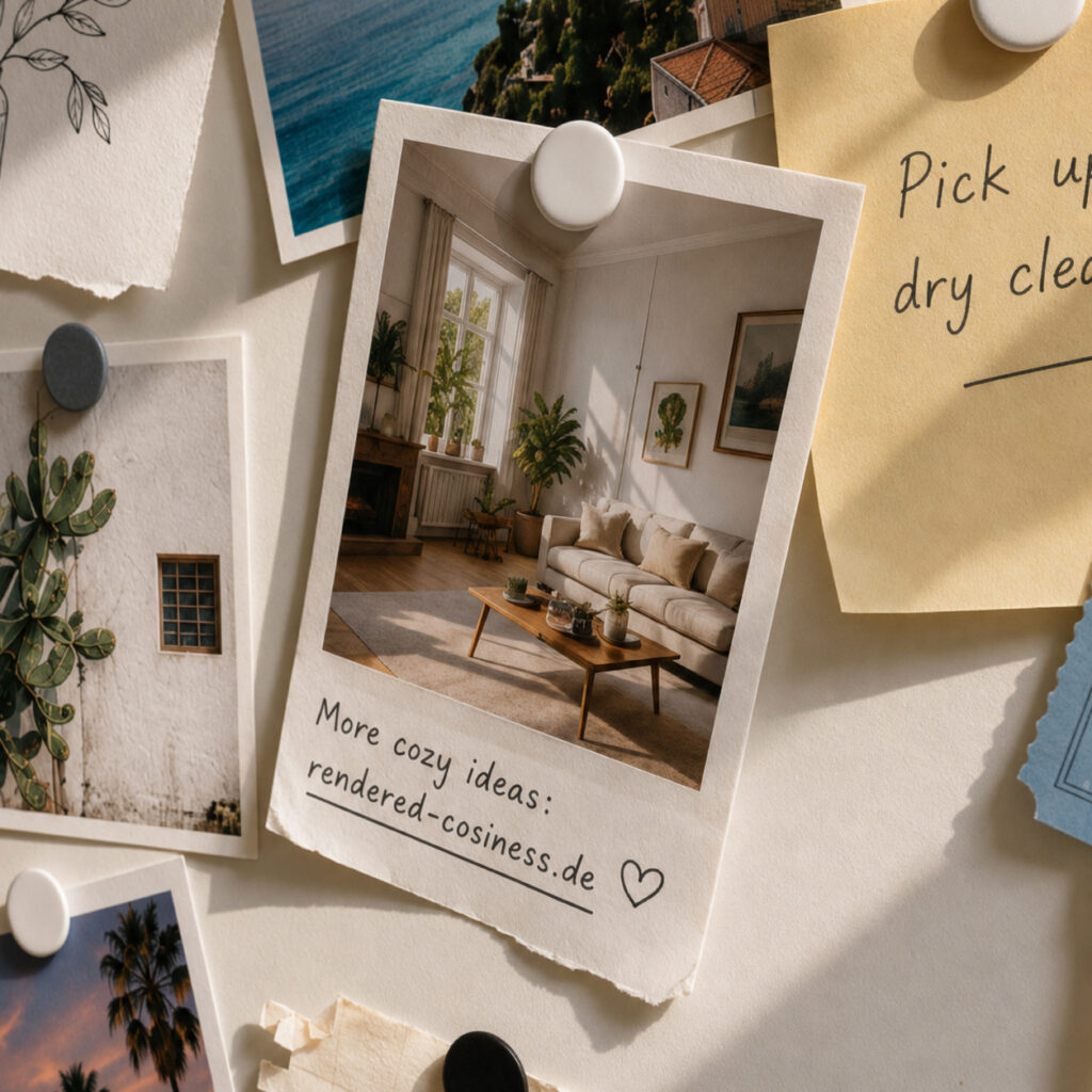 RC JOSEPHINE close-up of framed magnetic memo board with paper notes and magnets in a 3D interior scene