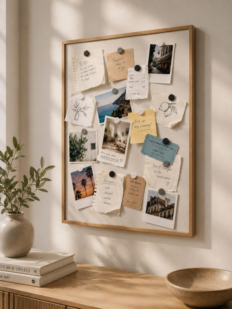 RC JOSEPHINE framed magnetic memo board with paper and magnets in a creative interior scene