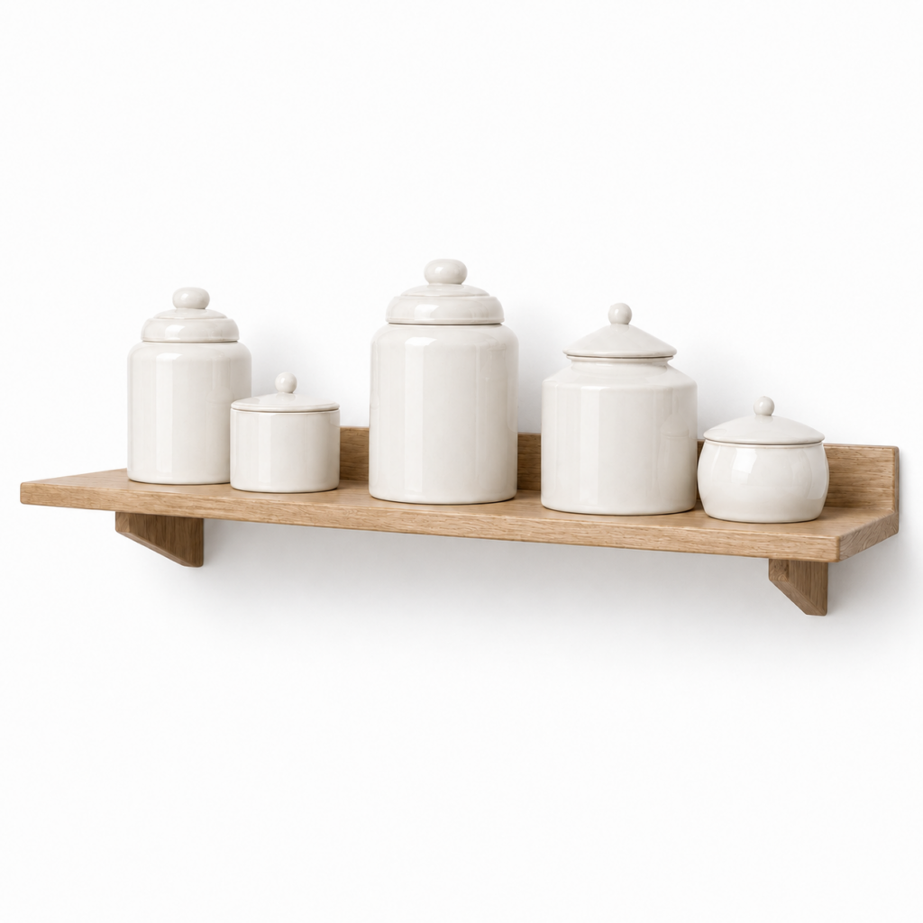 RC KAYLEE wall shelf with five glazed porcelain jars for CAD and 3D interior scenes