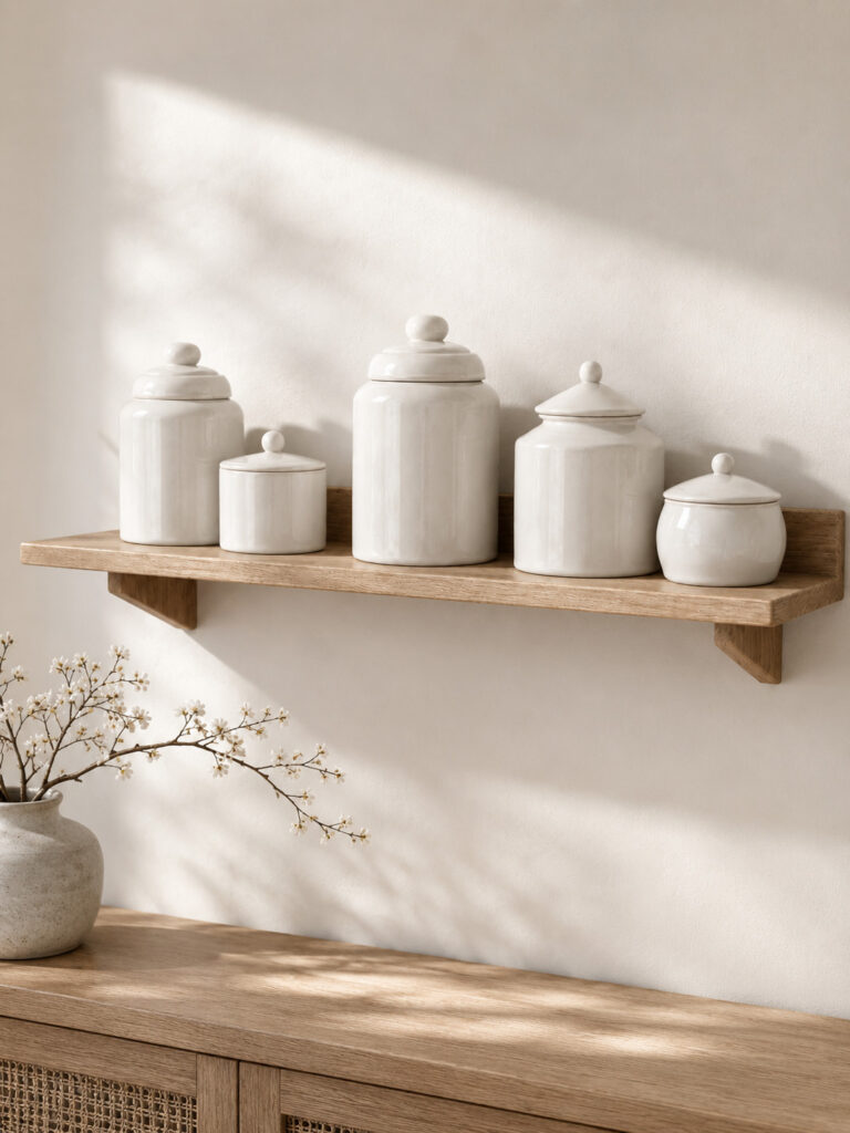 RC KAYLEE wall shelf with glazed porcelain jars in a cosy interior scene