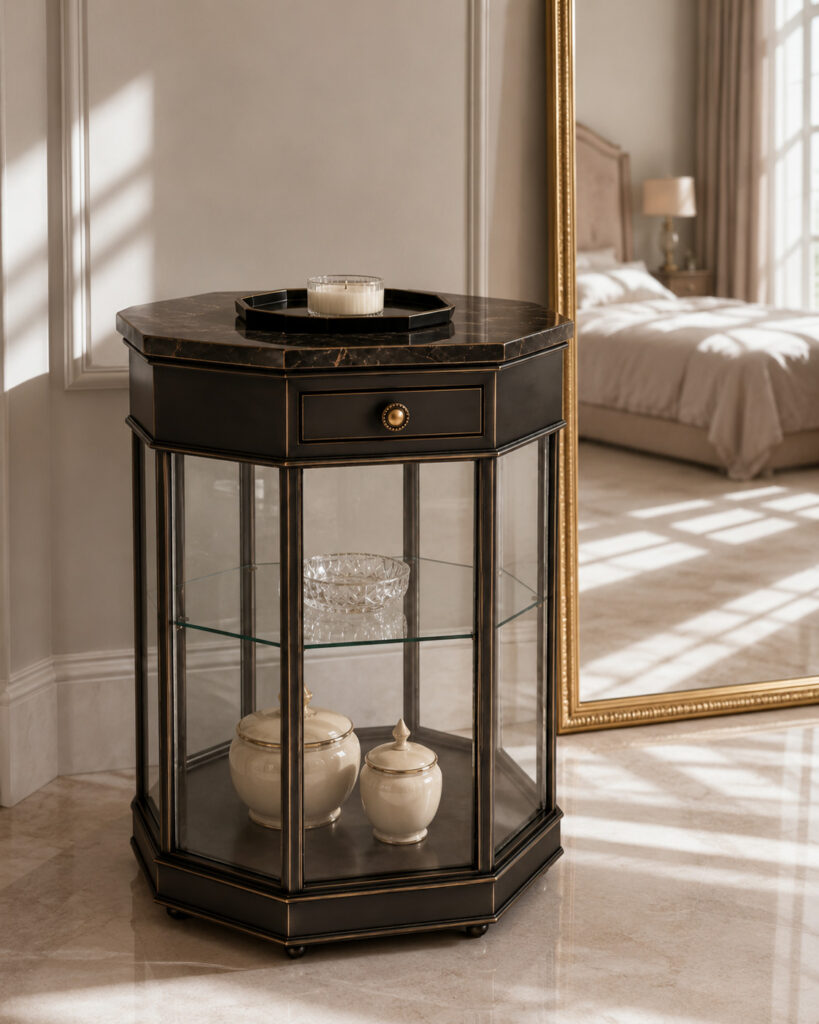 RC MARISA elegant octagonal glass display cabinet with marble top in a sophisticated interior scene