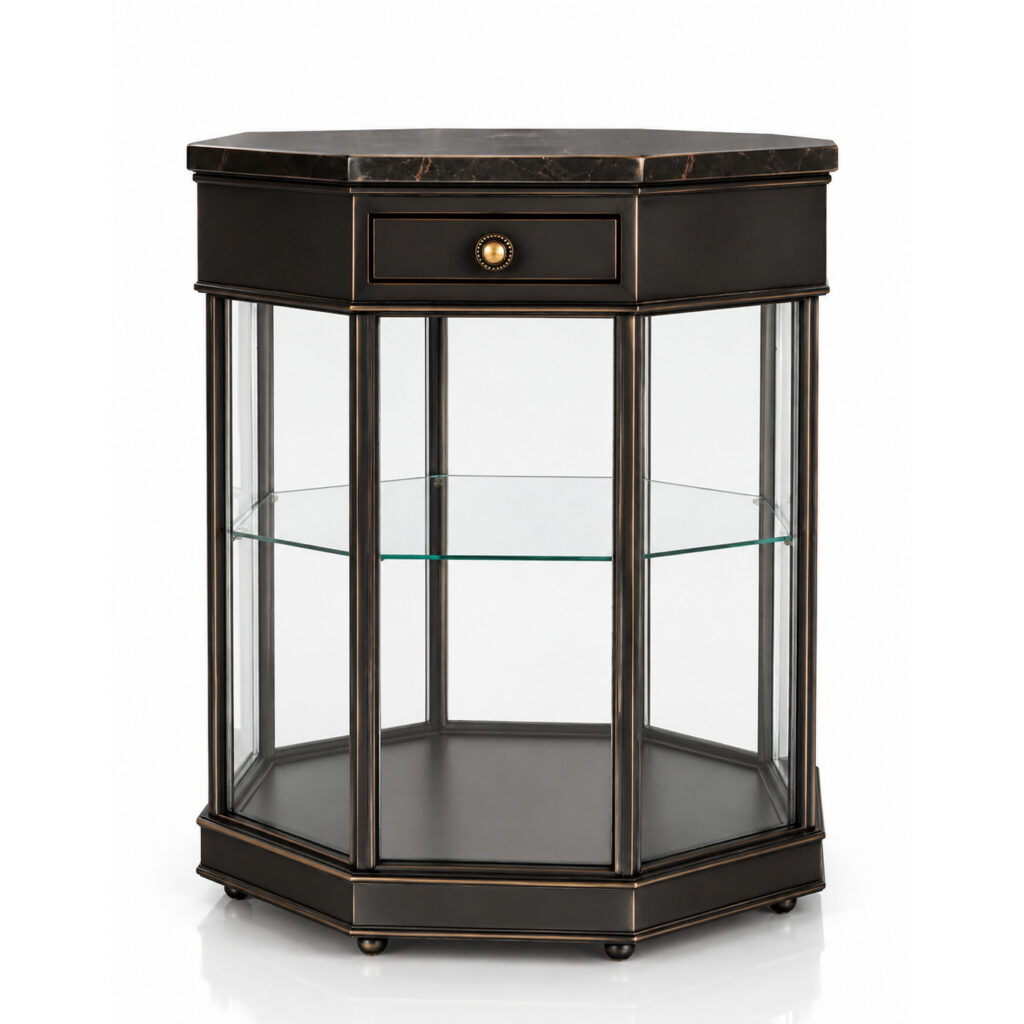 RC MARISA octagonal display cabinet with dark metal glass drawer and marble top for CAD and 3D interior scenes