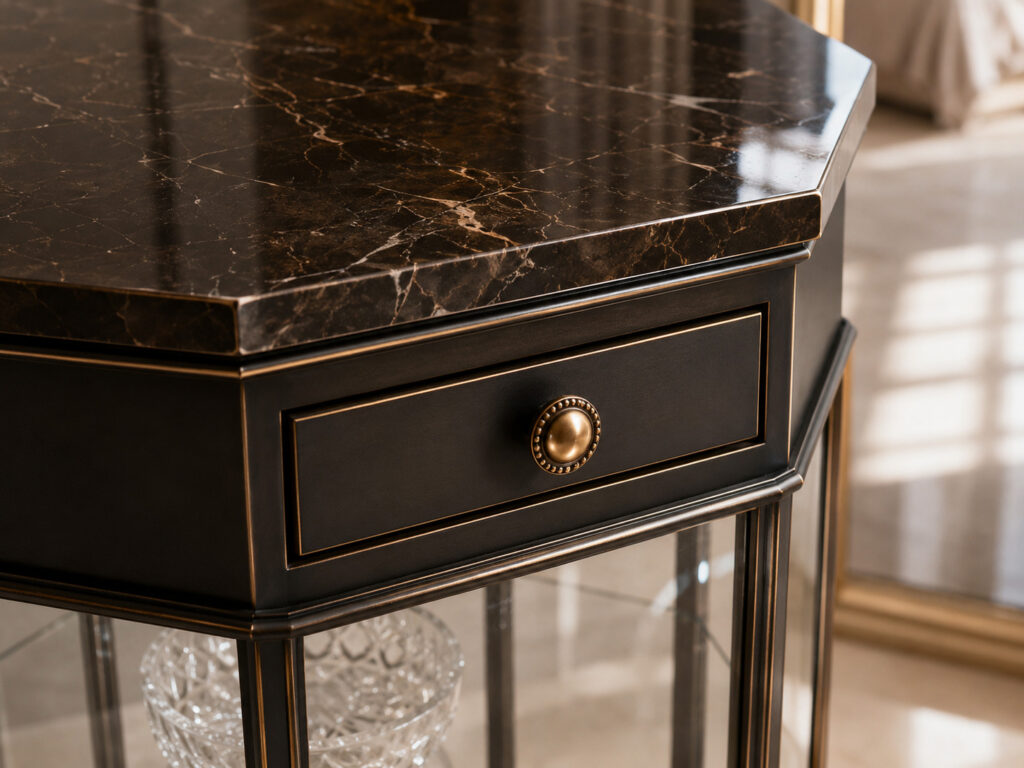 RC MARISA close-up of marble top and small drawer with elegant knob on an octagonal glass display cabinet
