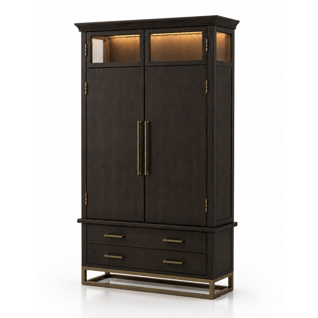 RC NIGEL dark wood cabinet with glass top in smoked oak brass and glass for CAD and 3D interior scenes