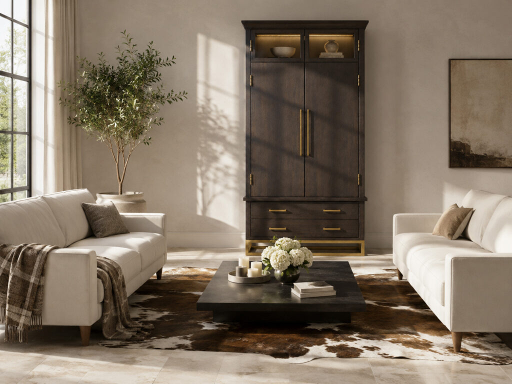 RC NIGEL dark wood cabinet with illuminated glass top in an elegant high-end interior scene