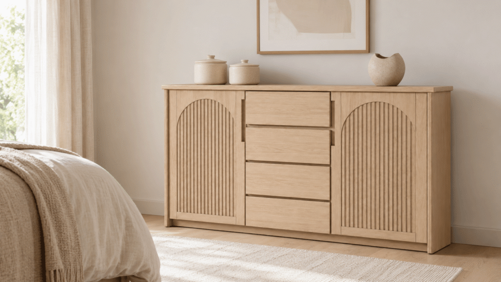 RC OSCAR III light oak sideboard in a bright Scandinavian bedroom interior scene