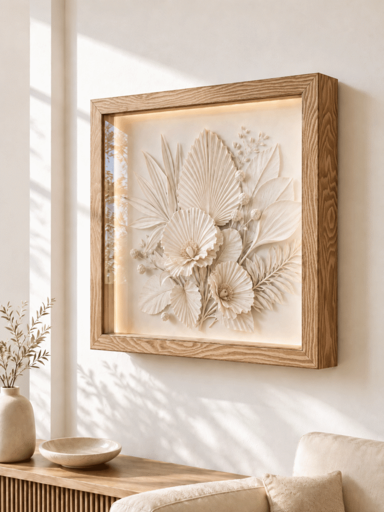 RC PARIS framed botanical wall relief with wood frame glass and integrated lighting for CAD and 3D interior scenes