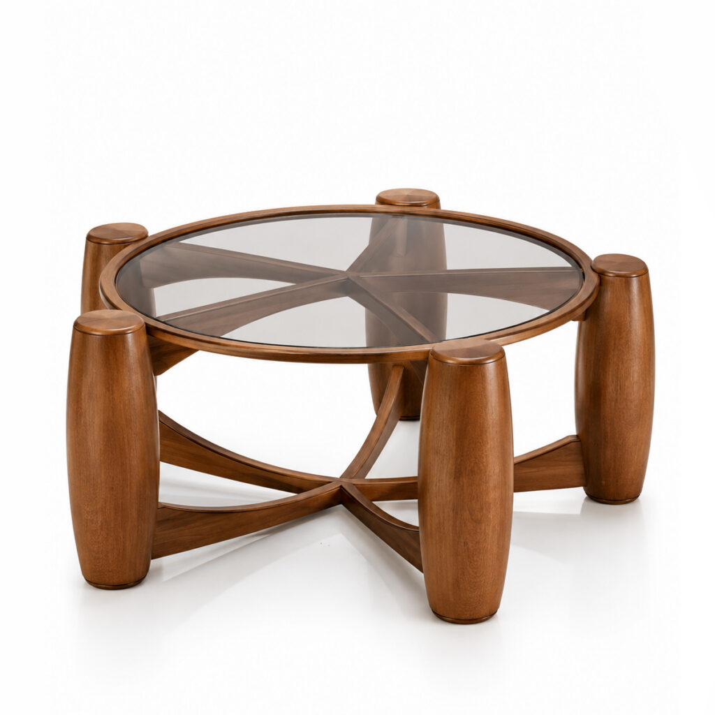 SANDY sculptural round coffee table with thick rounded wooden side legs, curved wooden support elements and a lightly smoked glass top.
