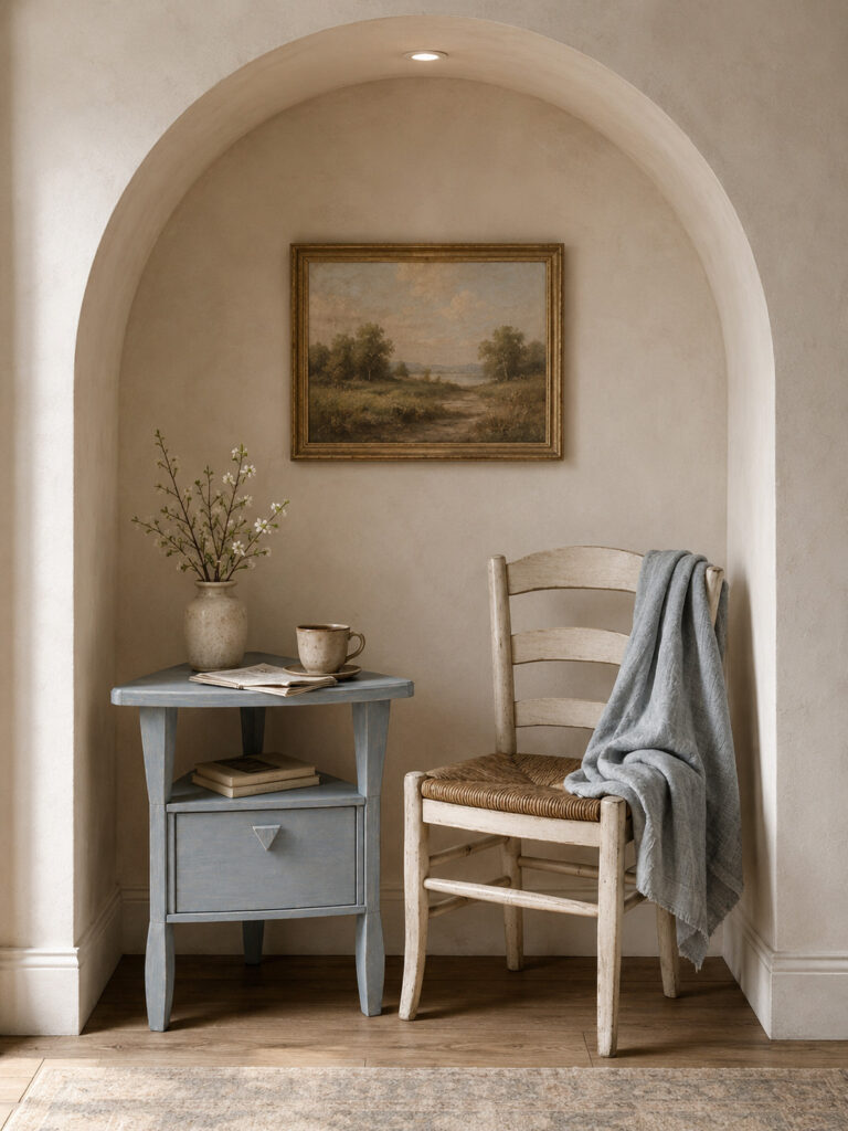 Small muted dove-blue triangular side table with a chair in a bright arched alcove, decorated with a coffee cup, newspaper, books, and a vase with branches.