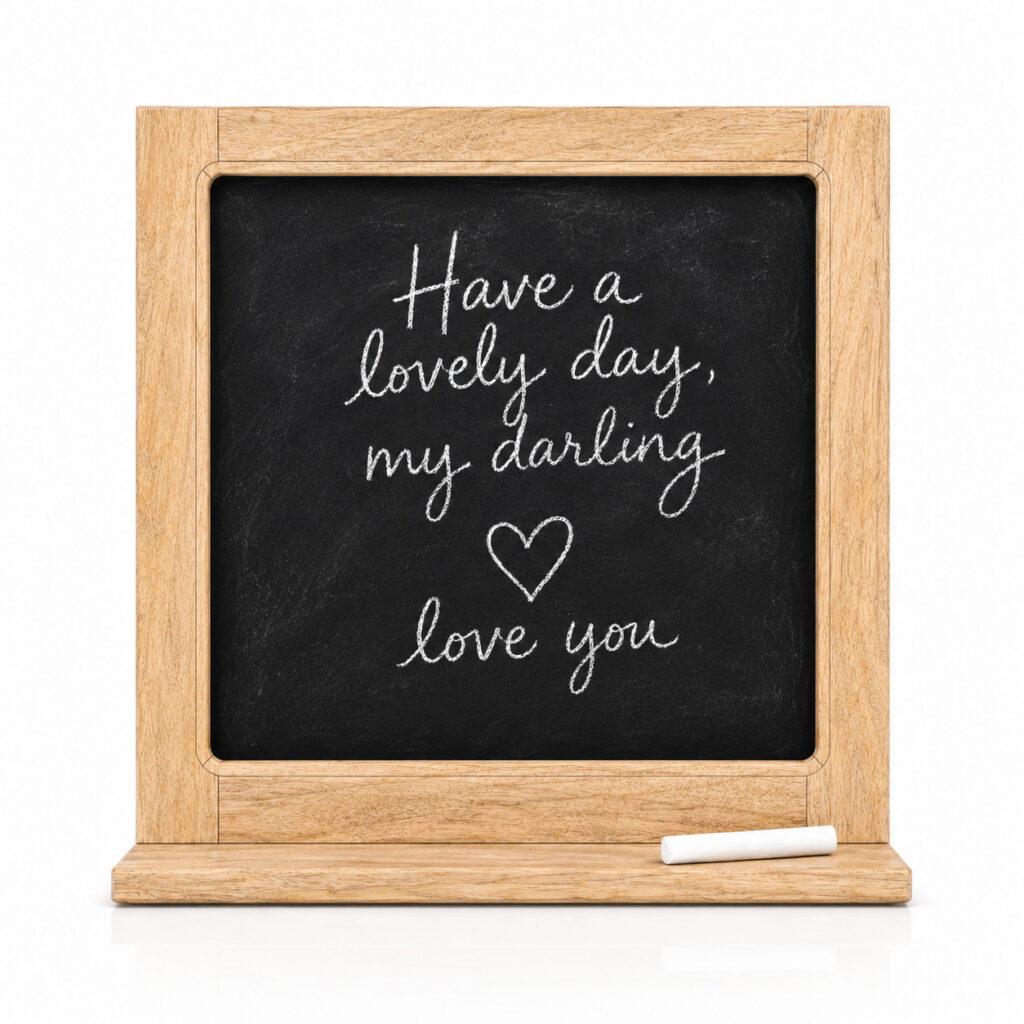 Small wooden chalkboard with a warm natural wood frame and a black writing surface, shown on a clean white background. The board displays the handwritten chalk message “Have a lovely day, my darling” with a heart and “love you” underneath. A small piece of white chalk rests on the lower ledge.