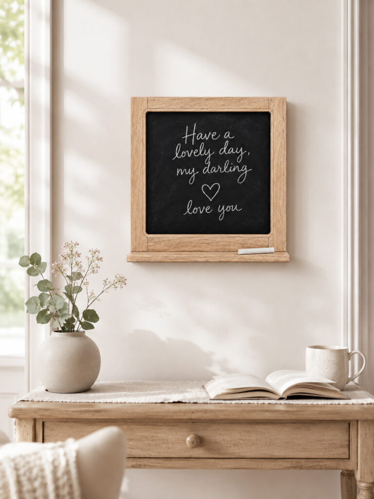 Bright cozy interior scene with a small wooden chalkboard hanging above a narrow wooden console. The chalkboard shows the handwritten message “Have a lovely day, my darling” with a heart and “love you” in white chalk. A ceramic vase with delicate stems, an open book, and a cup sit below in soft morning light.