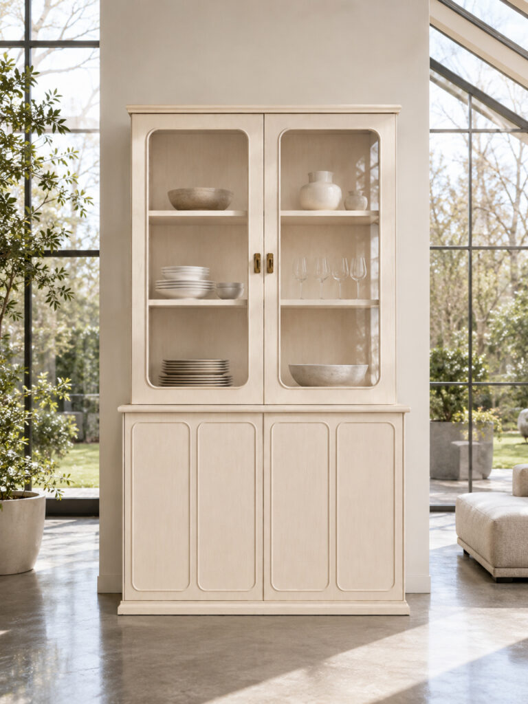 RC IBERIA ivory glass display sideboard with brass details in an elegant cosy interior scene