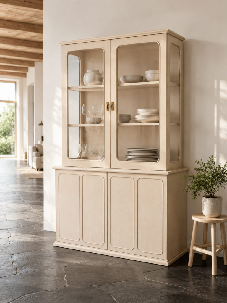 RC IBERIA elegant glass display sideboard in a refined dining or living room interior scene