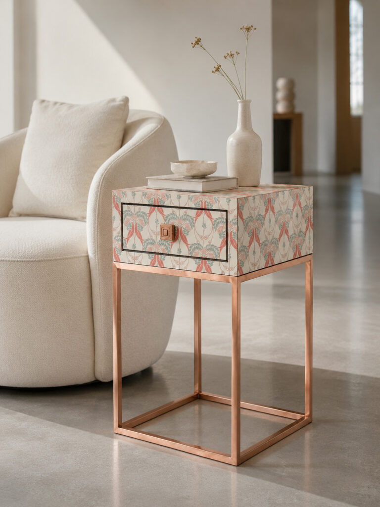 RC LAUREL floral side table with copper base in an elegant cosy interior scene