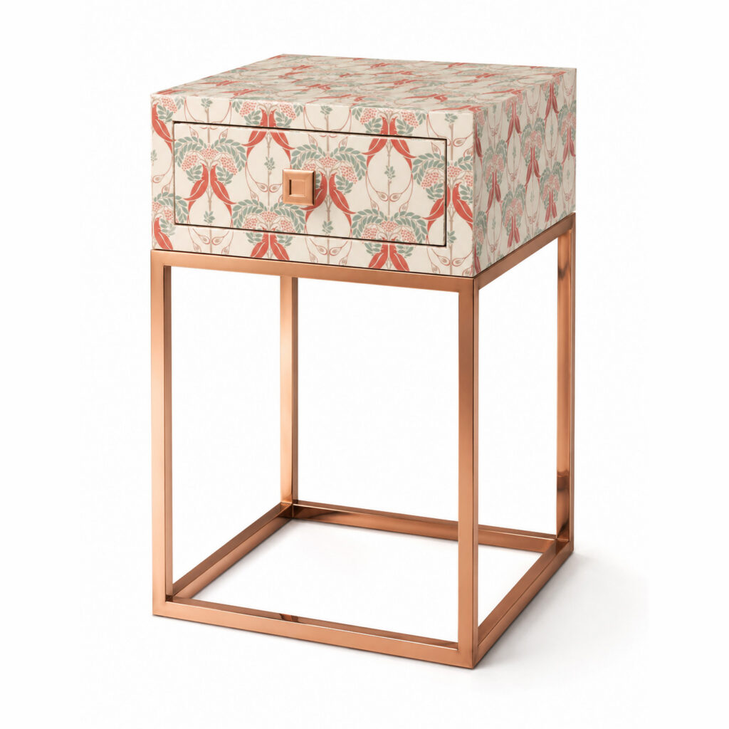RC LAUREL decorative side table with glossy floral top and copper base for CAD and 3D interior scenes