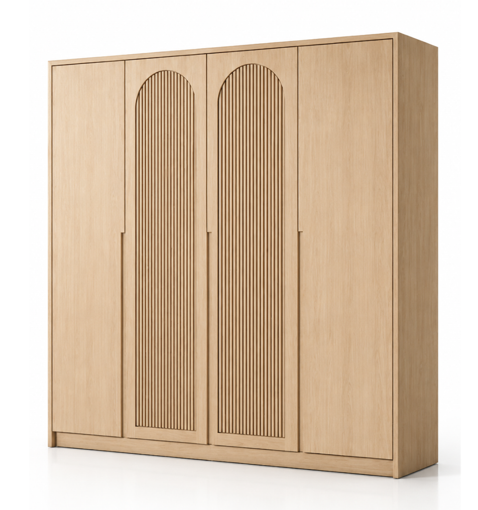 RC OSCAR Scandinavian light oak wardrobe with arched slatted center doors for CAD and 3D interior
