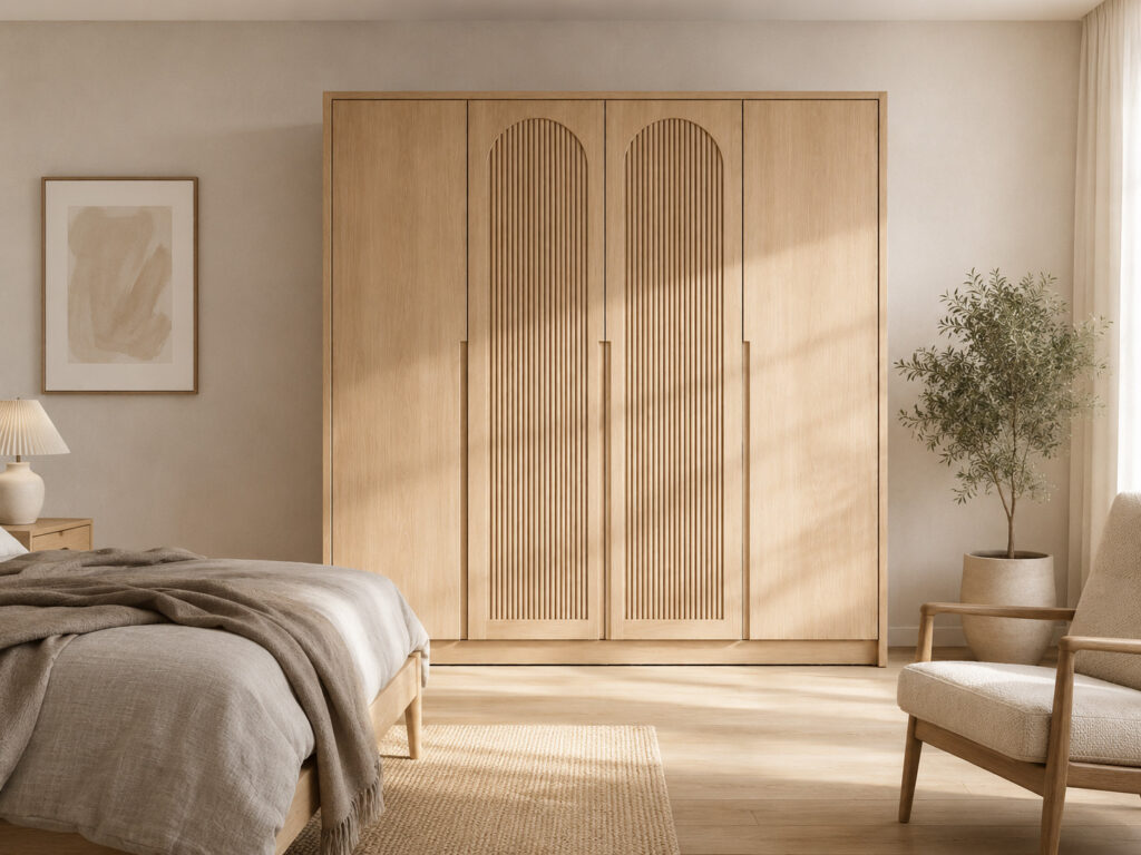 RC OSCAR light oak wardrobe with arched slatted doors in a bright Nordic bedroom interior scene