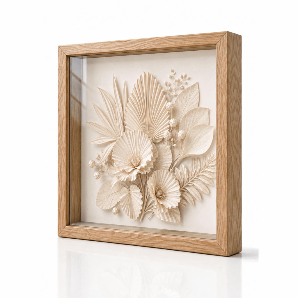 RC PARIS framed botanical wall relief with wood frame glass and integrated lighting for CAD and 3D interior scenes