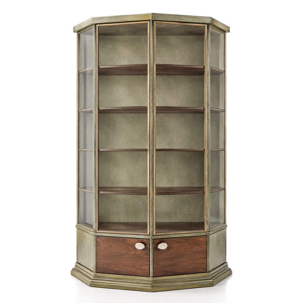 ROSARIA patinated iron and glass showcase with dark wood shelves, brass details, stone knobs and clear glass panels.
