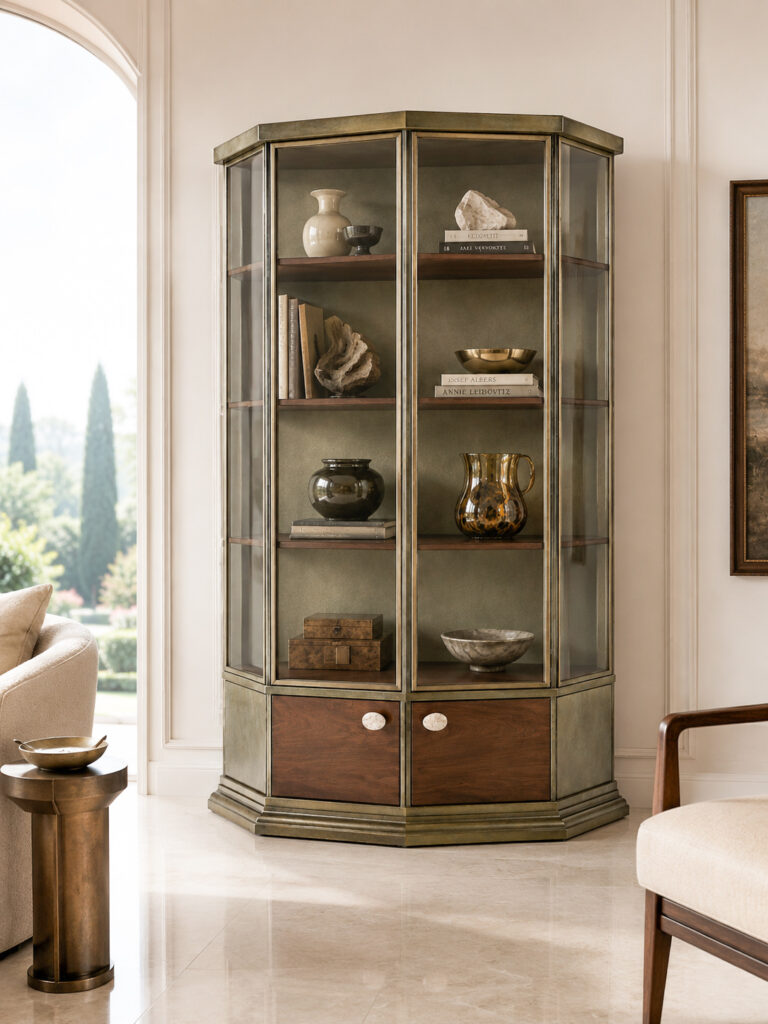 ROSÀRIA patinated iron and glass showcase in an elegant interior scene with dark wood shelves, brass details and stone knobs.
