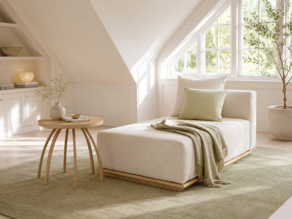 TARANTEL round wooden coffee table with sculptural curved legs in a bright, modern living room. The light oak table is placed on a green rug next to a beige chaise lounge with pillows and a throw blanket, styled with a vase and books in a sunlit attic space with large windows.
