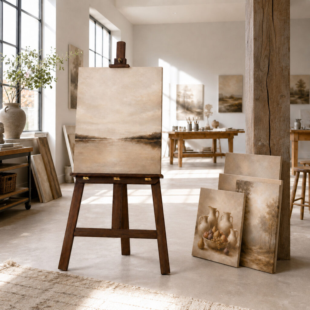 Modern wooden artist easel with brass details and neutral canvas artworks leaning against a wooden pillar in a bright, elegant atelier with large windows, soft daylight and calm studio decor.
