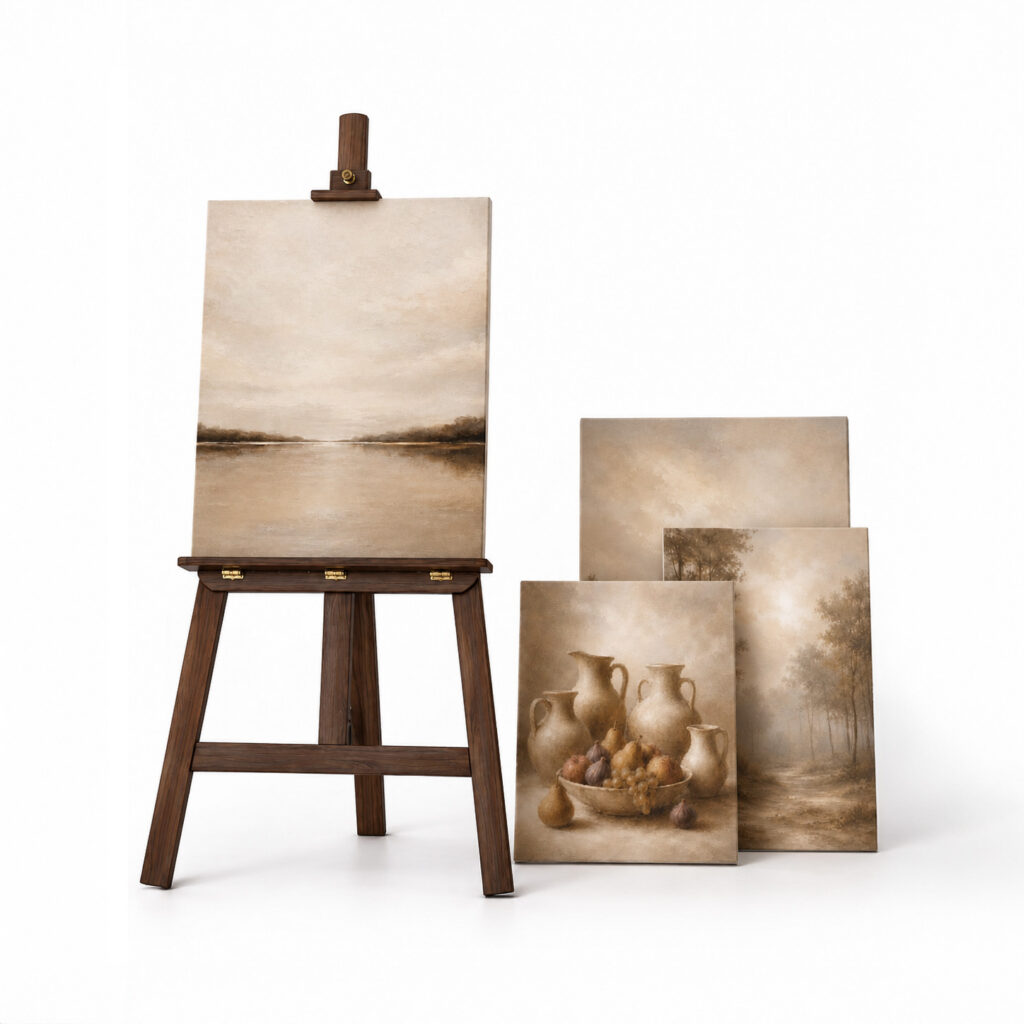 Wooden artist easel displaying a large serene landscape painting of a misty lake at dawn, accompanied by three additional framed artworks in soft sepia tones: a still life with pears, grapes and rustic pottery, and two atmospheric landscape paintings, all presented on a clean white background.
