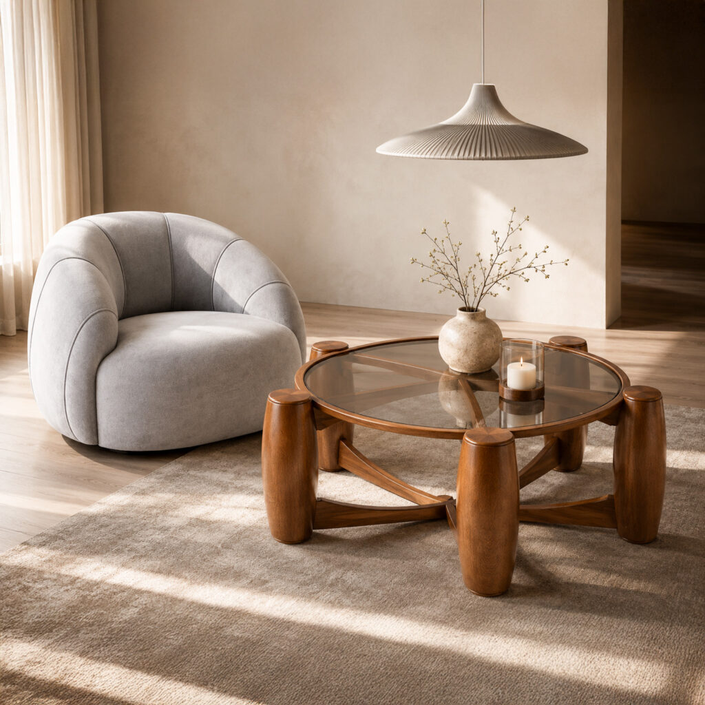 SANDY sculptural round coffee table with smoked glass top in an elegant lounge setting with an armchair and a pendant light above.